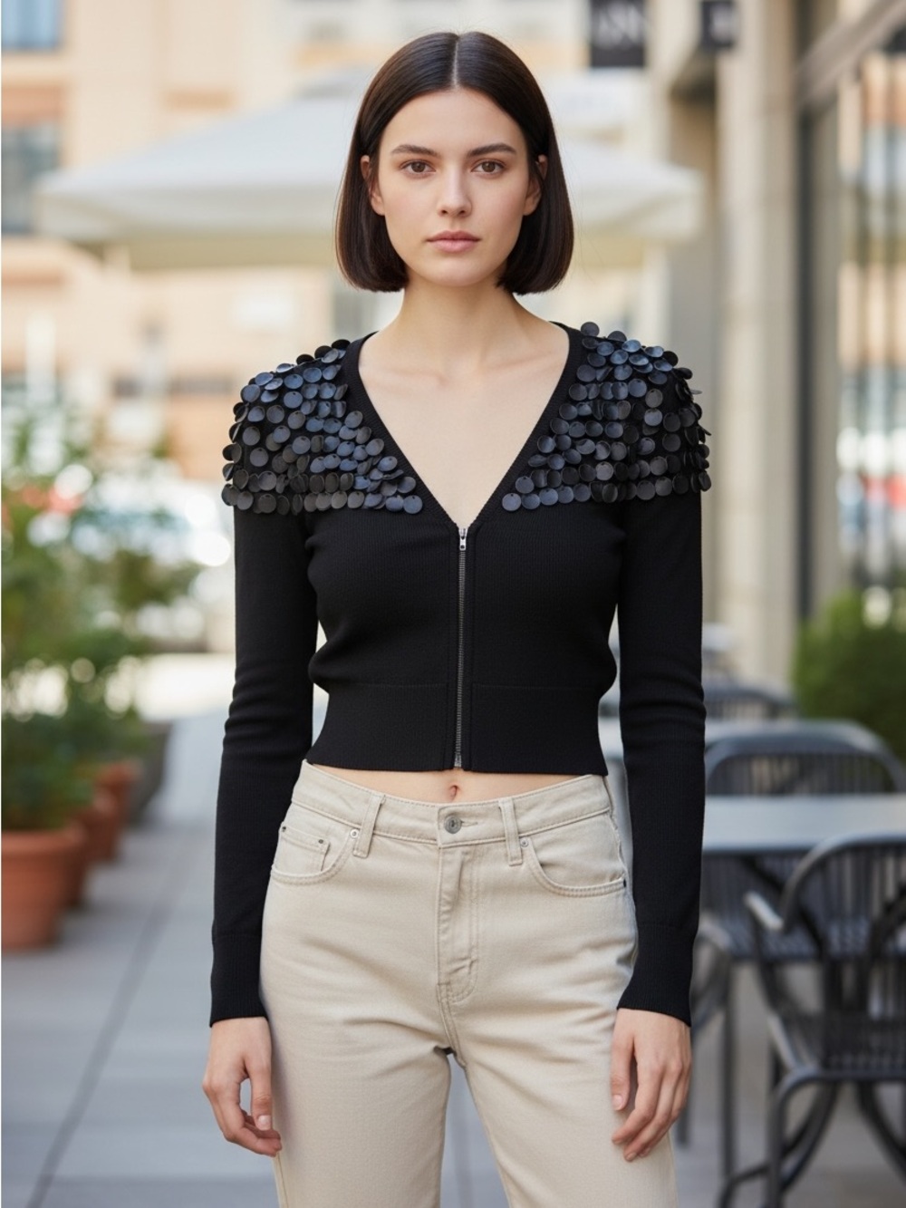 Black Zip Front Cardigan with Petal Shoulder Embellishments